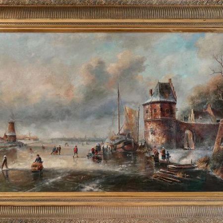 Continental school of the XX century - A 17th century style romantic Flemish winter landscape