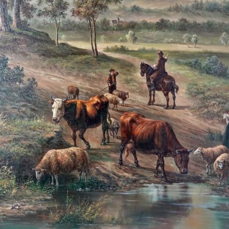 Continental school, XX century - Extensive landscape with figures and cattle