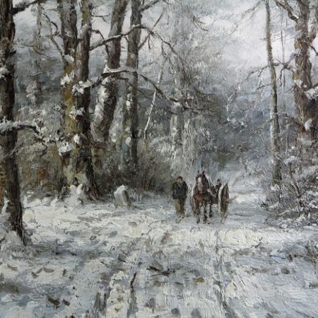 J.H. Rijsewijk (1928 - 1987) - Nice winter scene of wood gatherer with cart