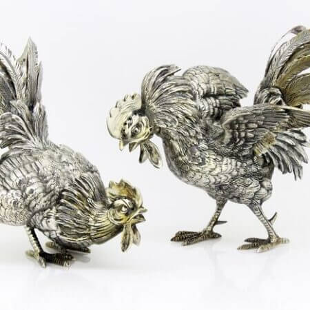 Sterling salt and pepper shakers, Antique pair of pepper and salt roosters