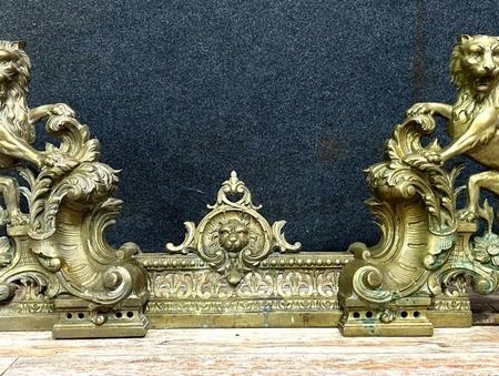 Pair of andirons with victorious lions in gilded bronze - Bronze (gilt) - Mid 19th century