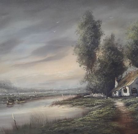 W.Kloos - Farm located next to a river and farming fields.