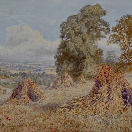 Herbert Hood Collyer (1863-1947) - A landscape with haystacks