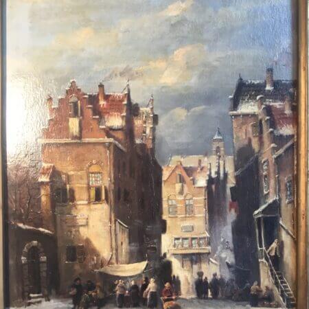 Stunning Winterface cityscape oil painting in a impressive frame.