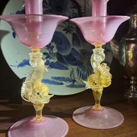 Incredible fine Pair of Venetian Salviati Murano Glass Dolphin Candlesticks